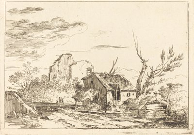 Hovel at the Bridge by Louis Gabriel Moreau the Elder