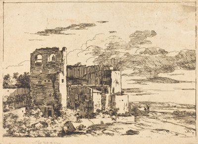 Ruined Buildings near a River Bank by Louis Gabriel Moreau the Elder