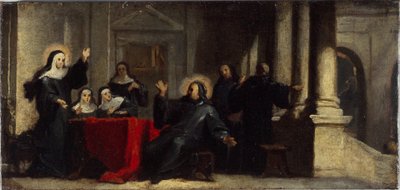 Saint Scholastica obtaining rain and thunder from heaven to prevent Saint Benedict from leaving her by Louis Galloche