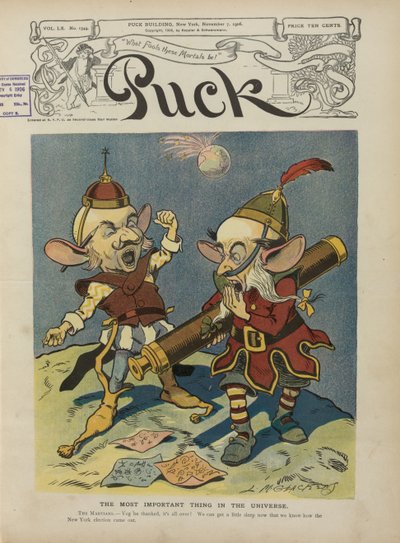 Puck cover celebrating Charles Evans Hughes elected Governor of New York, 1906 by Louis Glackens