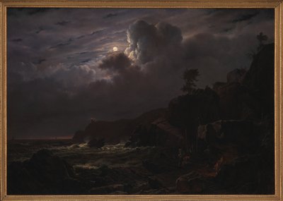 View of Kullen in Sweden. Smugglers Hiding their Goods among the Rocks. Moonlight by Louis Gurlitt