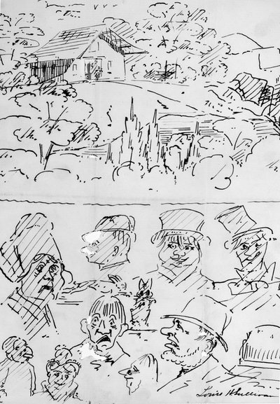 Landscape with Building and Caricature Head Studies by Louis H. Sullivan