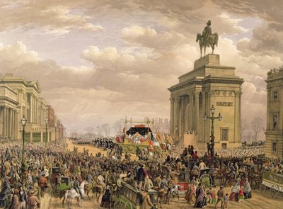Funeral of the Duke of Wellington, the funeral car passing the archway at Apsley House, Nov. 18th 1852 by Louis Haghe
