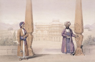 A Dooranee Noble and his Attendant at the Palace in Candahar, from Characters and Costumes of Afghanistan written by Captain Lockyer Willis Hart, published 1843 by Louis Hague