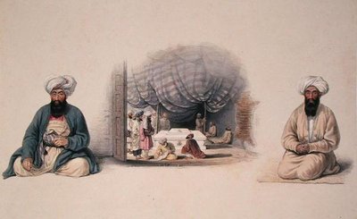 Khan Shereen Khan and Hagee Khan Kaiker flanking an Interior view of Dost Mohamed