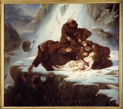 The Religious at the hospice of Saint Gotthard giving relief to families affected by the brigands by Louis Hersent