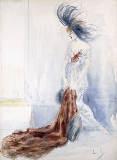Elegant Lady with Plumed Hat and Fur Coat by Louis Icart
