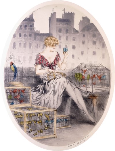 Girl with Budgerigars by Louis Icart