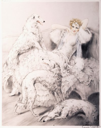 Girl with Attendant Borzoi by Louis Icart