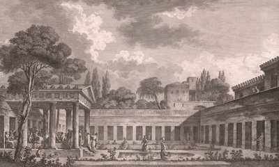 Ideal reconstruction of Villa of Diomedes in Pompeii to its original state before volcano eruption of Mount Vesuvius in 79 AD, Campania, Italy (etching after drawing by Louis Jean Desprez) by Louis Jean (after) Desprez