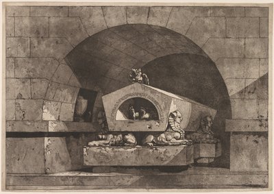 Tomb with Sphinx: Funerary Monument with an Owl on a Sarcophagus Supported by Sphinx by Louis Jean Desprez