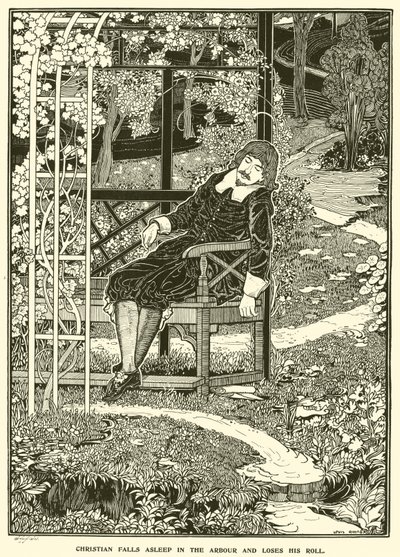 Christian Falls Asleep in the Arbour and Loses his Roll by Louis John Rhead