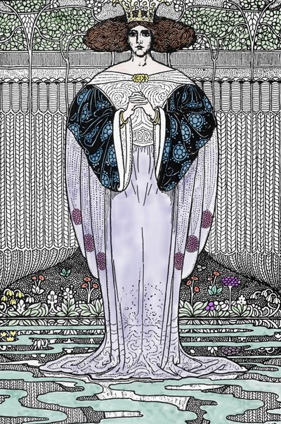 Representation of the Lady of the Lake (Nimue, Viviane) Illustration by Louis Rhead (1858-1926) for “King Arthur and his knights” by Louis John Rhead