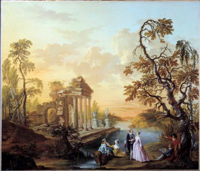 Tribute to Love: Romantic Scene in a Landscape of Ancient Ruins at Dusk by Louis Joseph  Watteau