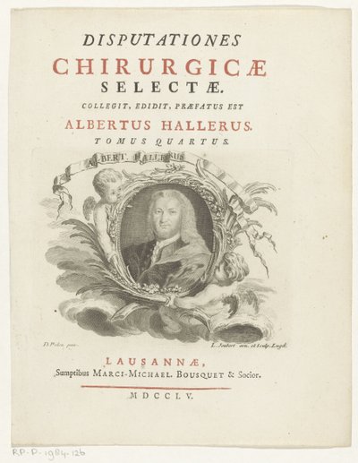 Portrait of Albrecht von Haller (Title Page for: Albrecht von Haller, Disputationes chirurgicae selectae, 1755) by Louis Joubert