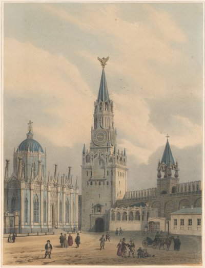 The Spasskaya Tower Saviour Gates and Saint Catherine Church of Ascension Convent in the Moscow Kremlin by Louis Jules Arnout
