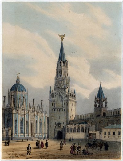 The Spasskaya Tower and Saint Catherine Church of Ascension Convent in the Moscow Kremlin by Louis Jules Arnout
