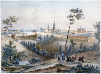 Bouvier in the Breton countryside (Dinan in the distance) - lithography by Jacottet and Benoist by Louis Julien Jacottet