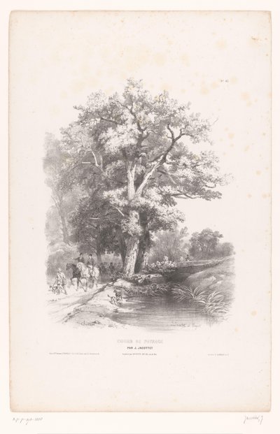 Hunters with Dogs Along a Ditch in a Forest (Drawing Course Landscapes) (Cours de Paysage) by Louis Julien Jacottet