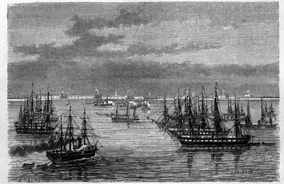 View of the French Anglo squadron in the mouth of the Hai He River in the Bohai Sea in Tanggu, China. Engraving by Lebreton, in Le Tour du Monde, Nouveau journal des Voyages, edited by Edouard Charton, Paris by Louis Le Breton