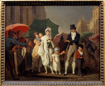 The downpour. Parisians bourgeois dressed in First Empire fashion protecting themselves from the rain by Louis Leopold Boilly