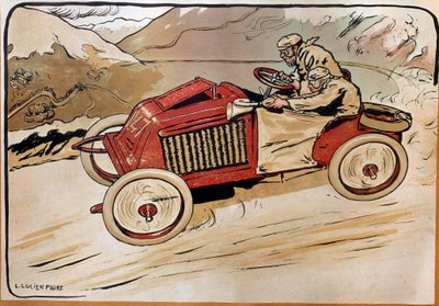 Automobile: a racing car. Marcel Renault and Rene Vauthier crossing the Alps during the race PARIS-VIENNA in 1902 in car 147. Lithograph by Louis Lucien Faure Dujarric by Louis Lucien Faure Dujarric