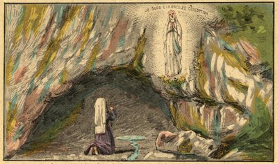 The Apparition of Virgin Mary in Lourdes - The Virgin appears to Bernadette Soubirous (1844-1879) in Lourdes in 1858 - Engraving from 