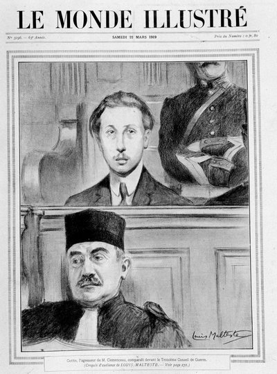 Judgement scene. "Eugene Cottin, the aggressor of Georges Benjamin Clemenceau, appeared before the 3rd Council of War" (sketch of audience by Louis Malteste) - in "Le Monde Illustré" of 15/02/1919 by Louis Malteste