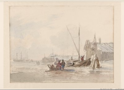 Beach Scene with Fishermen by a Boat in the Foreground by Louis Meijer
