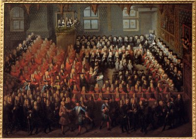 Bed of Justice held by Louis XV (1710-1774) in the Grand Chamber of the Parliament of Paris to break the will of Louis XIV (1638-1715) by Louis Michel Dumesnil