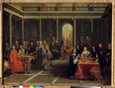 Queen Christine of Sweden, surrounded by her court, hearing the philosopher Rene Descartes doing a geometry demonstration; in the presence of the Prince of Conde, Elisabeth de Baviere Princess Palatine and Father Mersenne. Painting by Louis Michel Dumesnil by Louis Michel Dumesnil