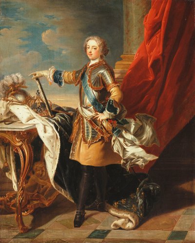 Portrait of King Louis XV, full-length, wearing half Armour by Louis Michel van Loo