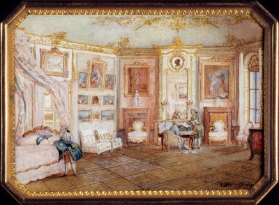 Lid of a tabatiere by Alexandre Leferre (ca. 1806-ca. 1838) decorated with a miniature painting by Louis Nicolas Van Blarenberghe (1716-1794) representing a room under Louis XV. Around 1770 by Louis Nicolas van Blarenberghe