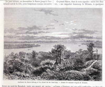 Confluence of the Mekong River and Lake Touli Channel - Drawing by Sabatier according to Mr. Mouhot. Tour du Monde by Louis Remy Sabatier