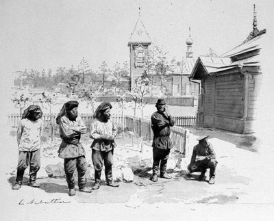 The peasants of a small Russian village with a mosquito net on their face and a train station of the Trans-Siberian. 1913. Illustration by Sabatier by Louis Remy Sabatier