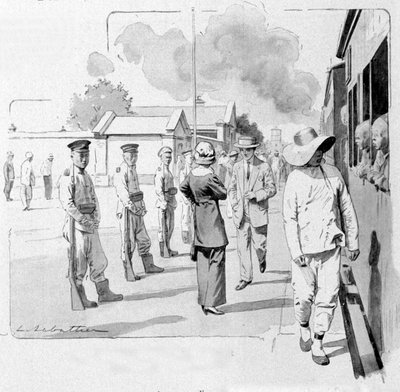 A Chinese conductor at a stop on the Transsiberian. 1913. Illustration by Sabattier by Louis Remy Sabattier