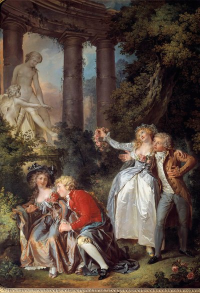 Offering a Galante Venus Scene in a romantic landscape of ancient ruins by Louis Rolland Trinquesse