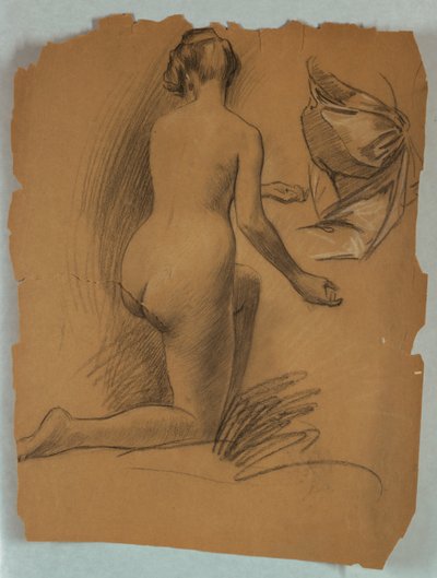 Study of Kneeling Nude Figure by Louis Schaettle