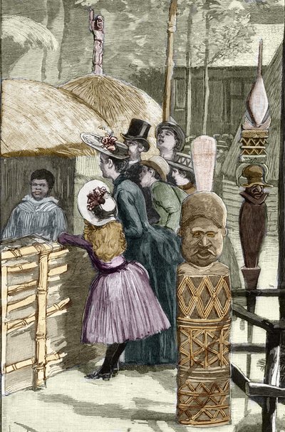 Exposition Universelle 1889 - The Canaque village at the Esplanade des Invalides (the Canaques exhibited during the exhibition: Human Zoo) - Drawing by Louis Tinayre (1861-1942) - in 