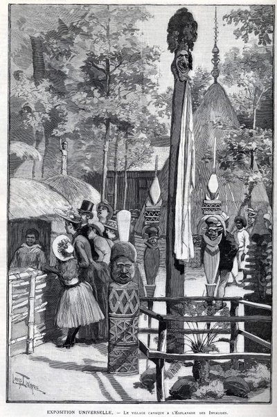 Exposition Universelle 1889 - The canaque village at the Esplanade des Invalides (the canaques exhibited during the exhibition: Zoo Humane). Drawing by Louis Tinayre - in “The Illustrous World” of 22/07/1889 by Louis Tinayre