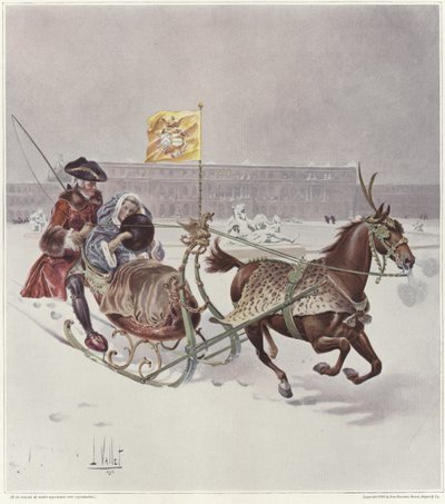 A man and a woman riding a horse-drawn sledge by Louis Vallet