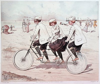 Tandem, three people cycling on the beach - drawing by L. Vallet by Louis Vallet