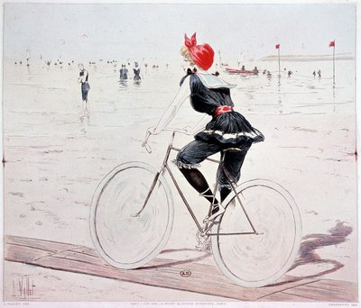 Woman on a bike on the beach - drawing by L. Vallet by Louis Vallet