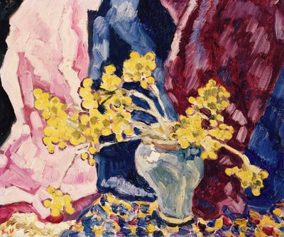 Blue Vase, Yellow Flowers and Curtains by Louis Valtat