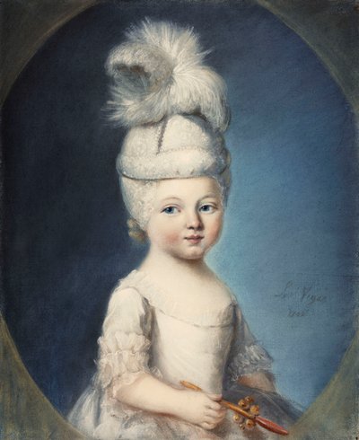 Portrait of the Marquis de Fleury as an Infant in a Padded Hat, with a Plume, Holding a Gold and Coral Teething Rattle by Louis Vigee