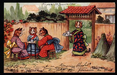 Animals in human posture. Cat in kimono drinking tea in a Japanese garden. Postcard. Chromolithograph by Louis Wain, early 20th century. Private collection by Louis Wain