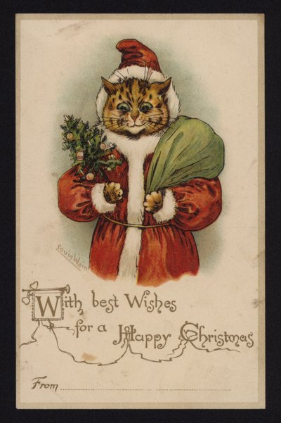 Cat as Santa Claus, Christmas greetings card by Louis Wain