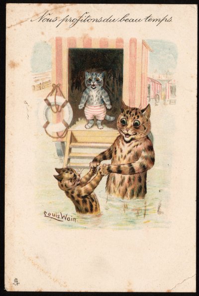 We enjoy the good weather. Animals in human posture. Sea bathing of cats on vacation. Postcard. Chromolithograph by Louis Wain, early 20th century. Private collection by Louis Wain