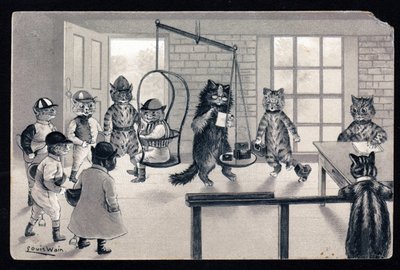 We enjoy the good weather. Animals in human posture. Cat as jockey being weighed on a scale. Postcard. Chromolithograph by Louis Wain, early 20th century. Private collection by Louis Wain