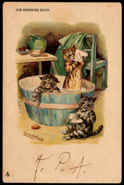 The Morning Bath. Animals in Human Posture. Cats Taking a Bath in a Basin. Postcard. Chromolithograph by Louis Wain (1860-1939), English artist known for his representation of cats with large eyes. Early 20th century. by Louis Wain